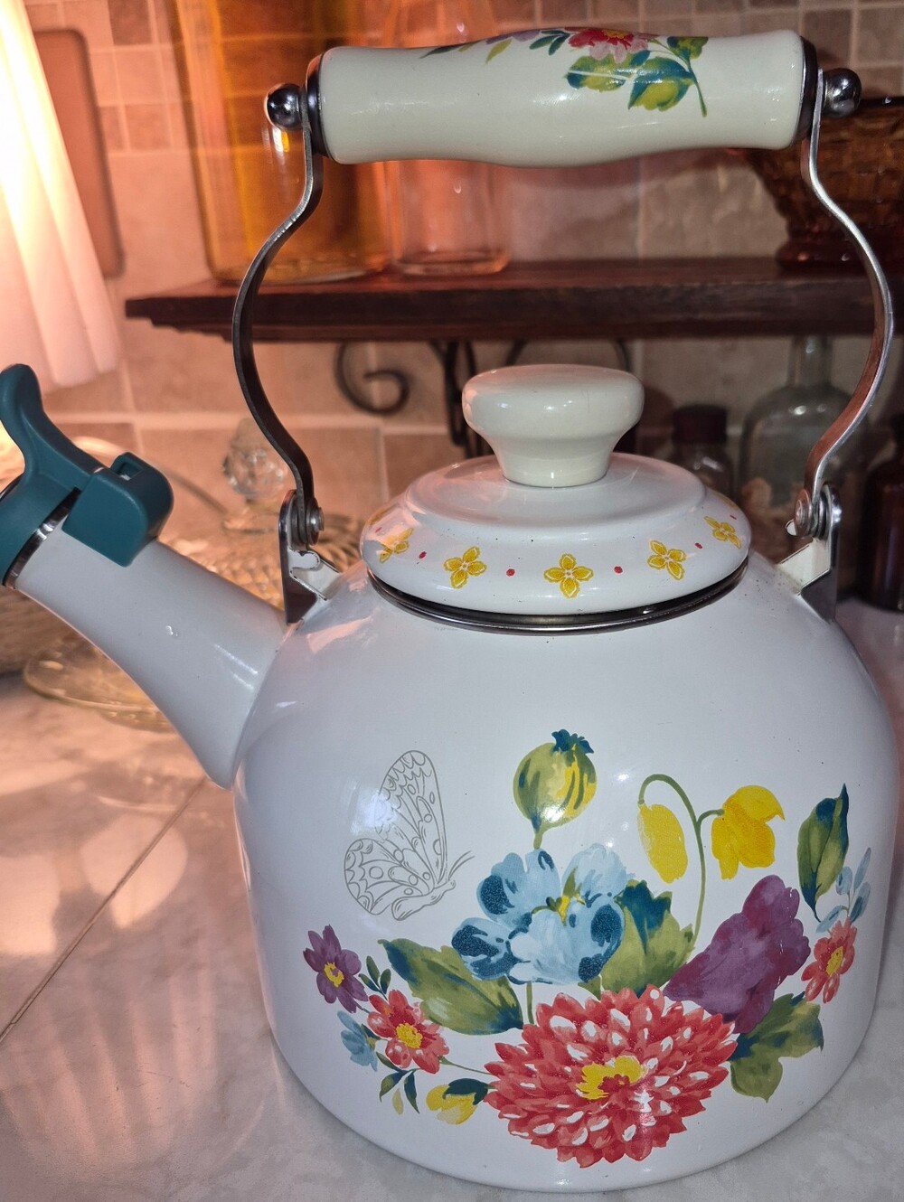 The Pioneer Woman White Floral Tea Kettle with Multicolor Flowers